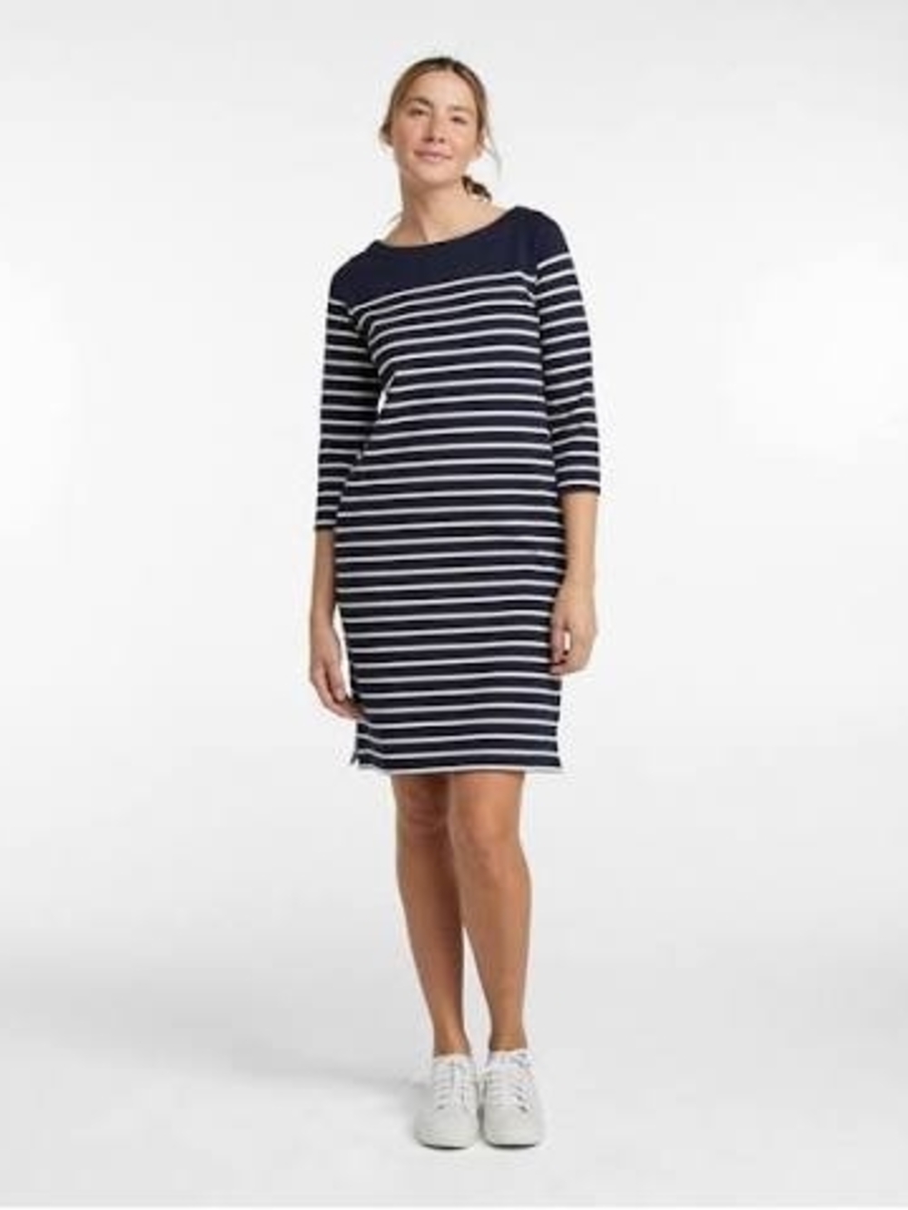 L.L. Bean Navy and White Striped Women's Boat neck Sweater Dress S